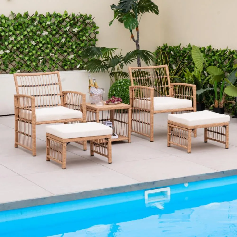 5 Piece Patio Wicker Sofa Set with Seat and Back Cushions-Natural