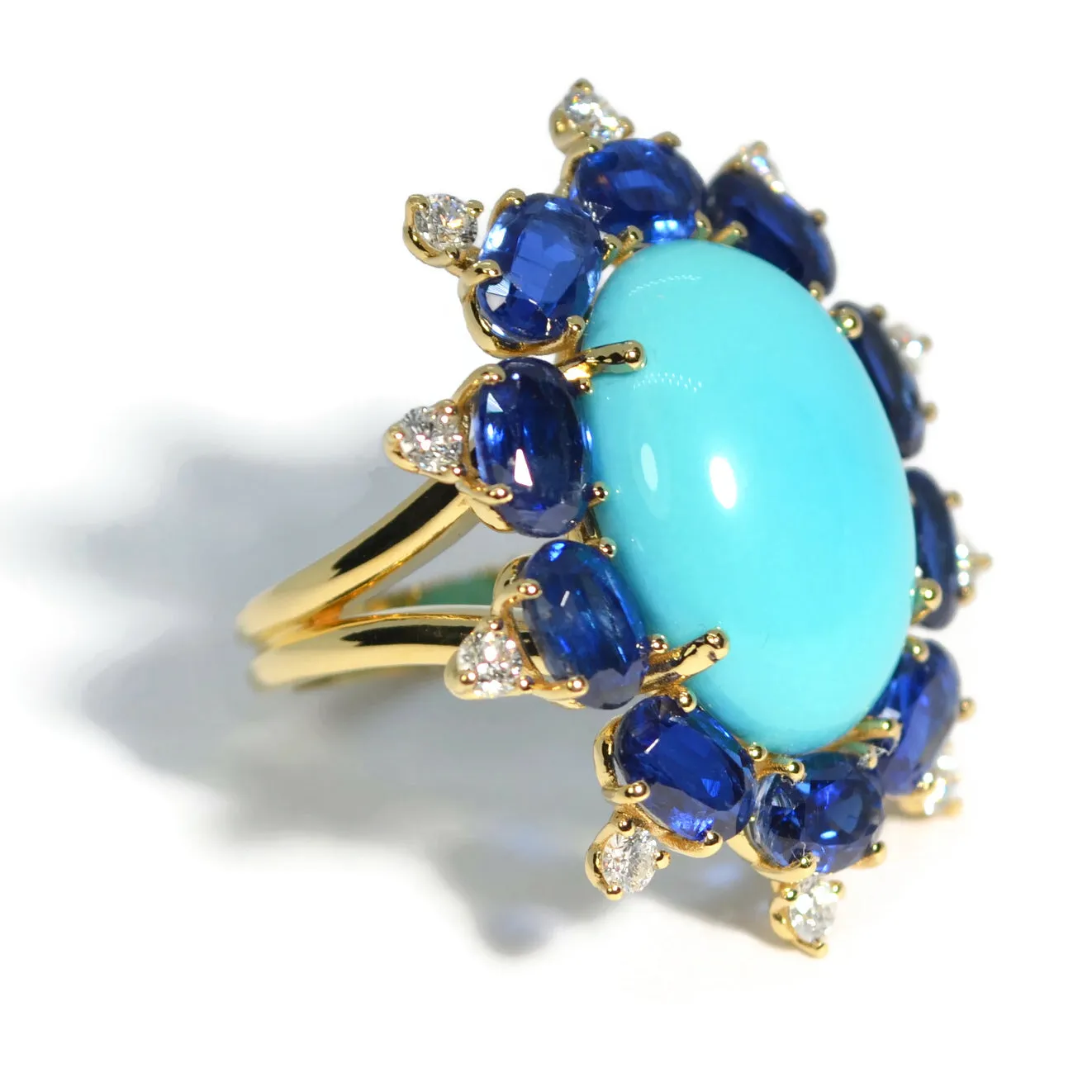 A & Furst - Sole - Cocktail Ring with Arizona Turquoise, Kyanite and Diamonds, 18k Yellow Gold