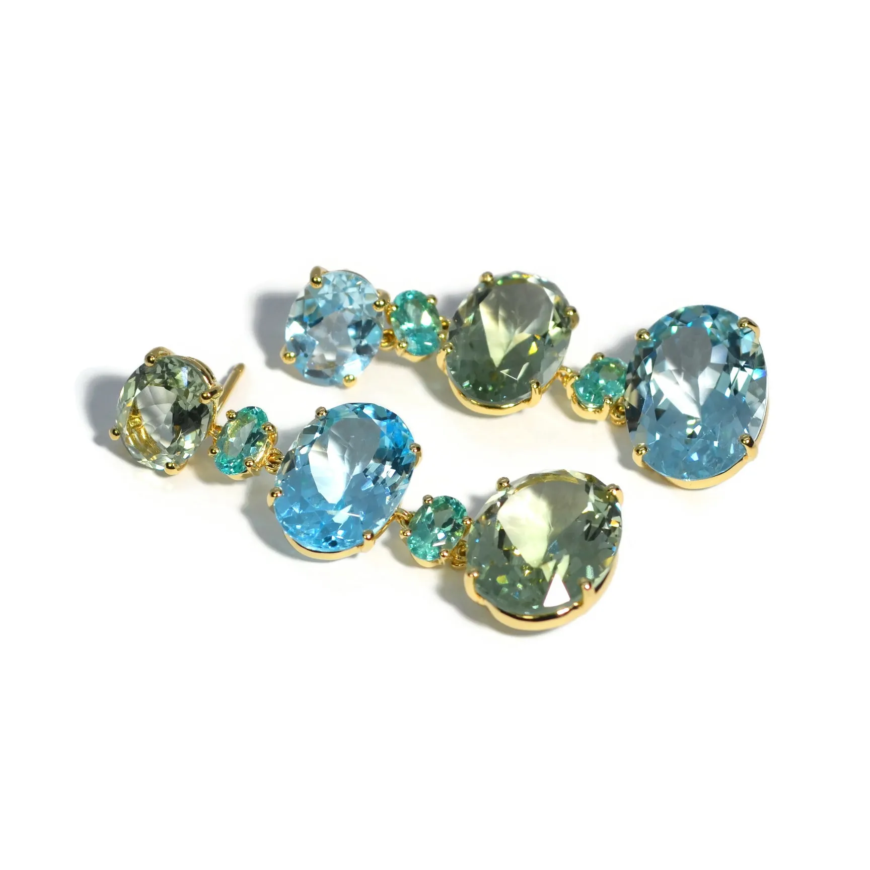 A & Furst - Sole - Mismatched Drop Earrings with Sky Blue Topaz, Prasiolite and Apatite, 18k Yellow Gold