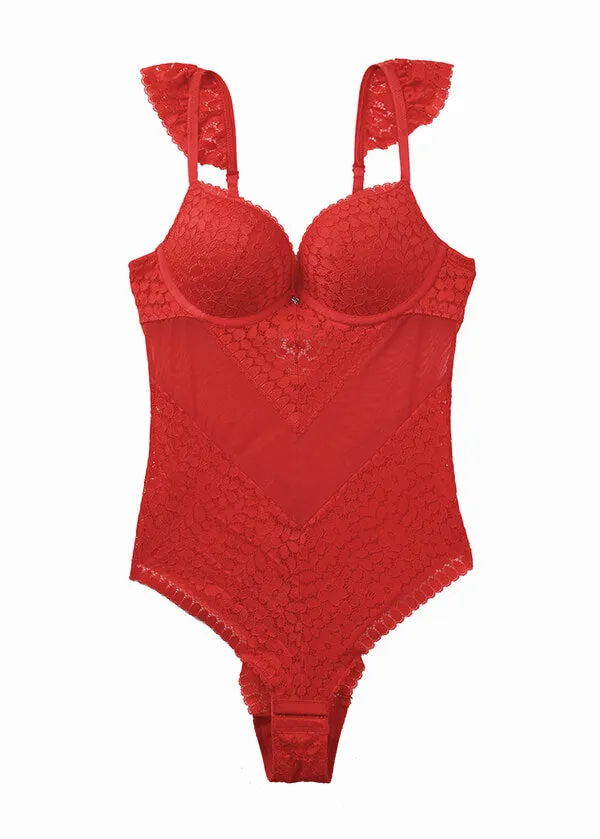 AMINA Plus Lace Push-up Bodysuit Red Sexy Lingerie