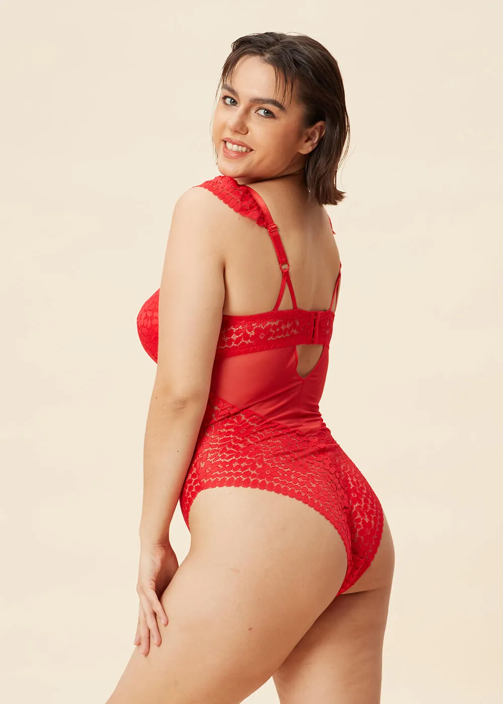 AMINA Plus Lace Push-up Bodysuit Red Sexy Lingerie