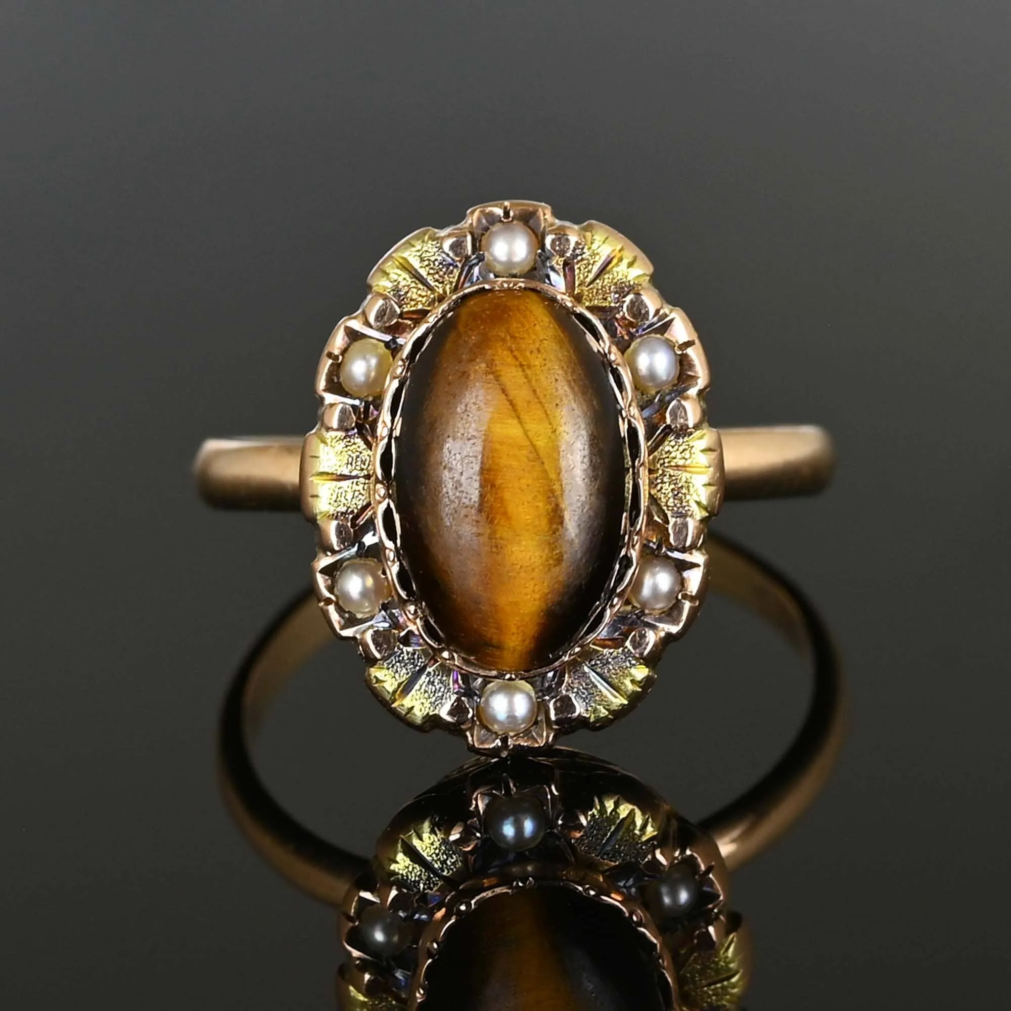 Antique Gold Pearl Cabochon Tiger's Eye Ring