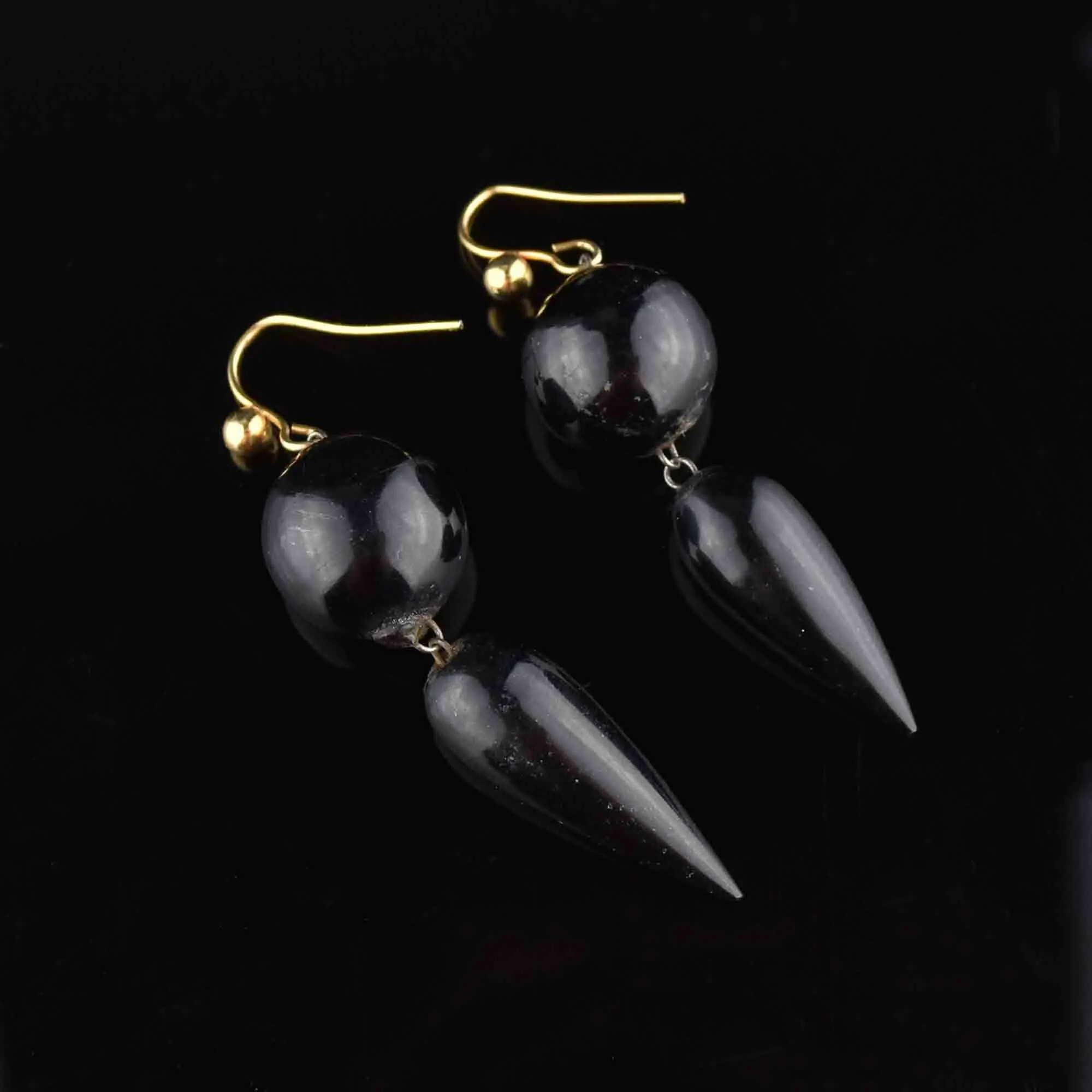 Antique Victorian Carved Whitby Jet Dangle Earrings