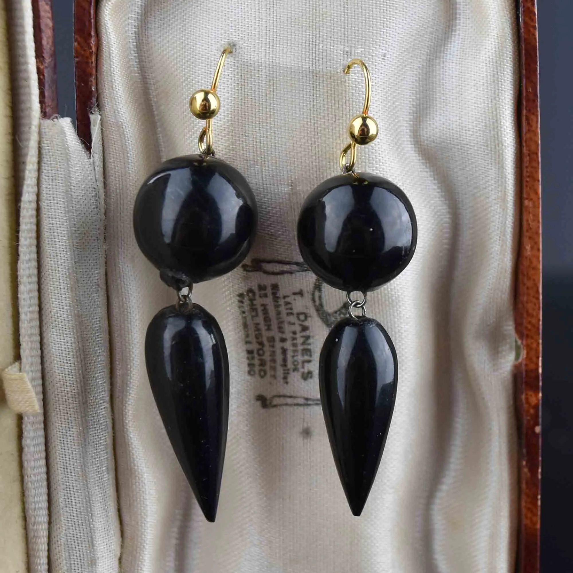 Antique Victorian Carved Whitby Jet Dangle Earrings