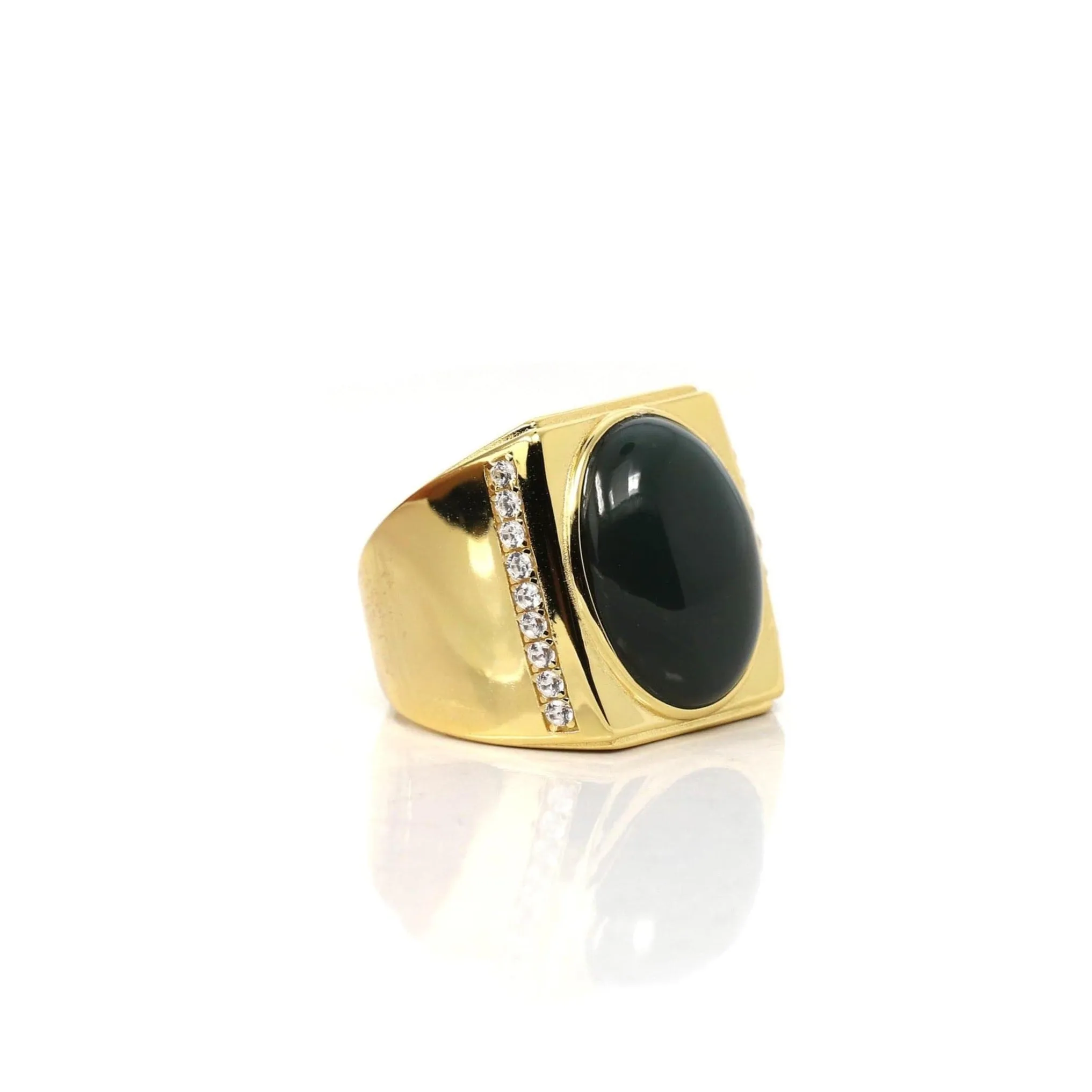 Baikalla "Classic Signet" Gold Plated Sterling Silver Natural Green Nephrite Jade Classic Men's Ring