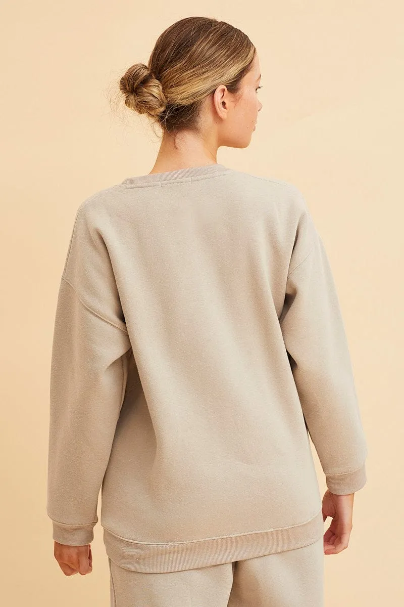 Beige Fleece Sweat Long Sleeve Crew Neck