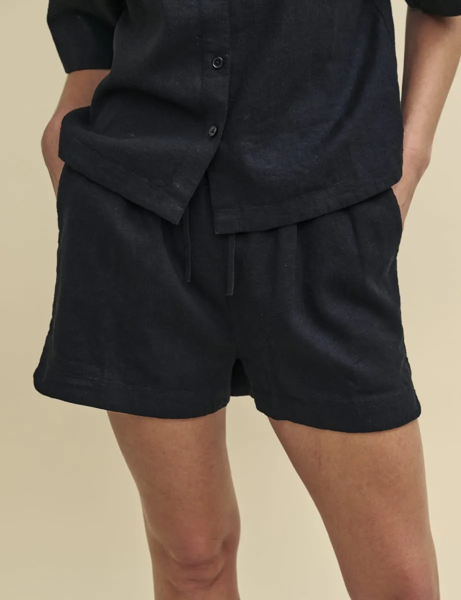 Black Linen-blend Drawstring Shorts