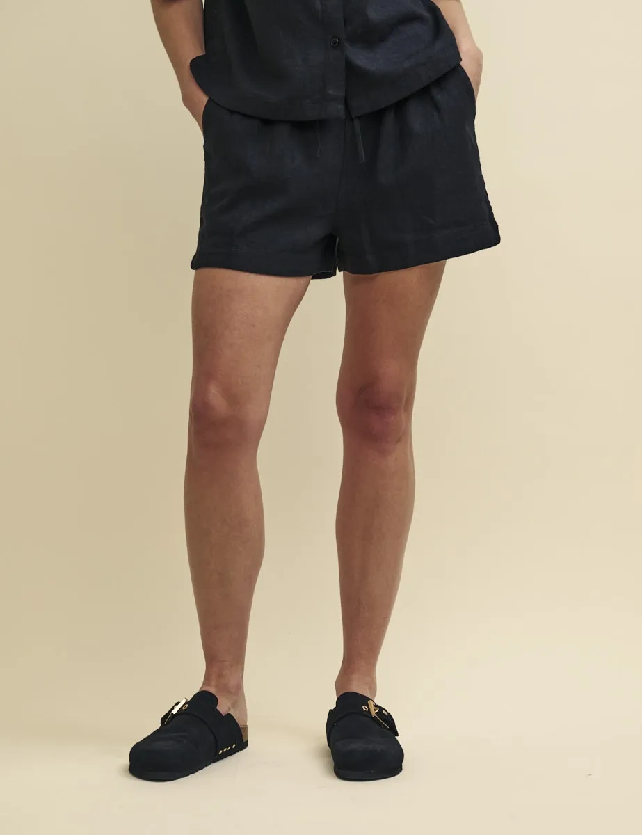 Black Linen-blend Drawstring Shorts