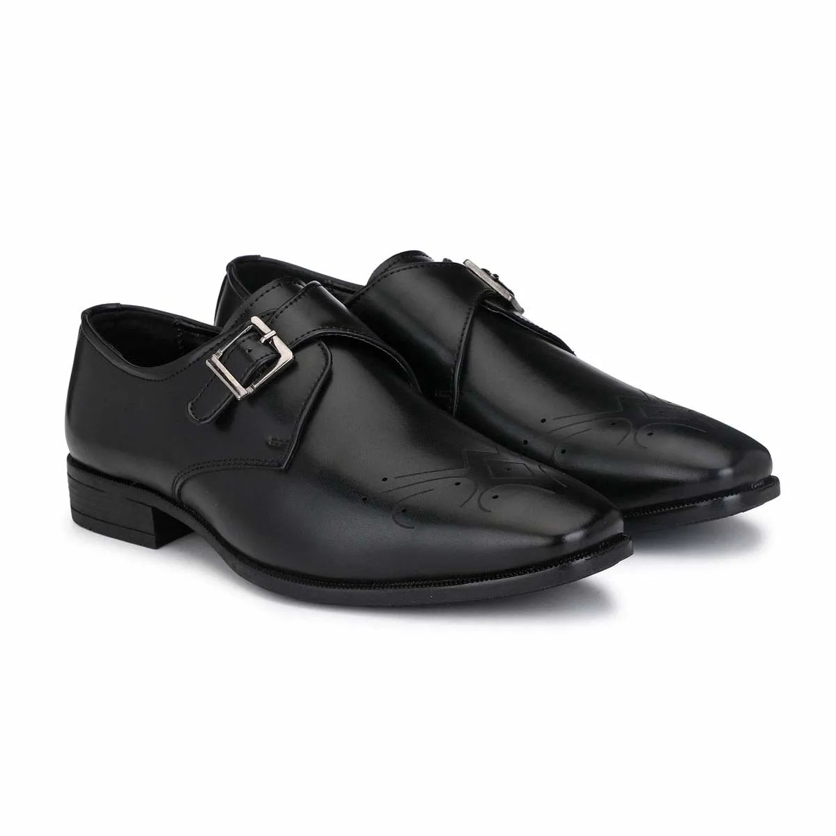 Black Monk-Strap Punched Shoes