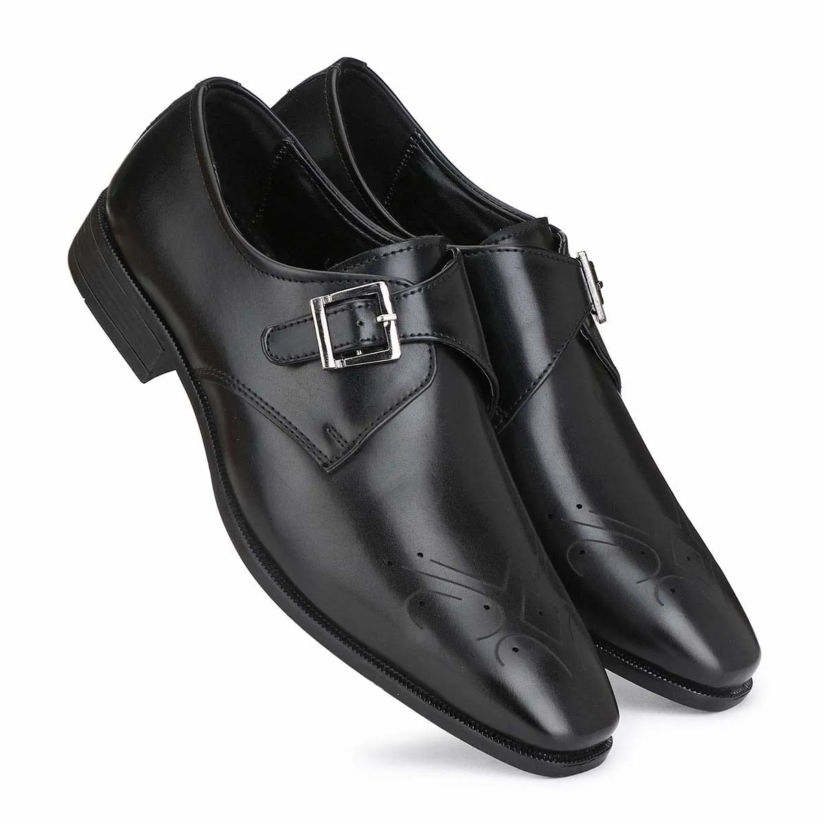 Black Monk-Strap Punched Shoes