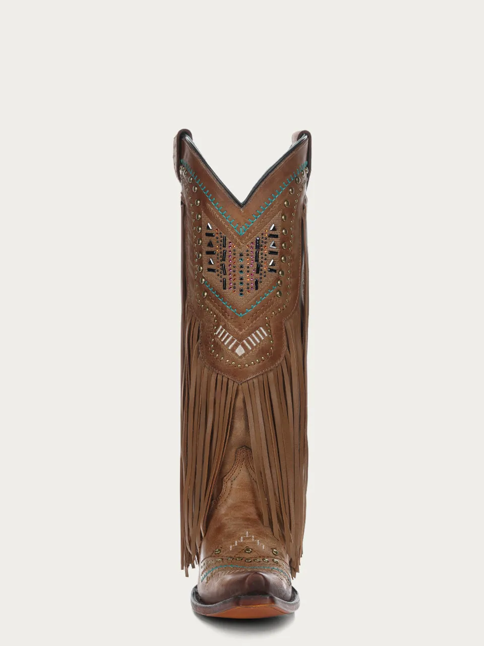 C2910 - WOMEN'S CRYSTALS PATTERN EMBROIDERY AND FRINGE SNIP TOE BROWN COWBOY BOOT