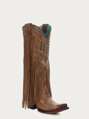 C2910 - WOMEN'S CRYSTALS PATTERN EMBROIDERY AND FRINGE SNIP TOE BROWN COWBOY BOOT