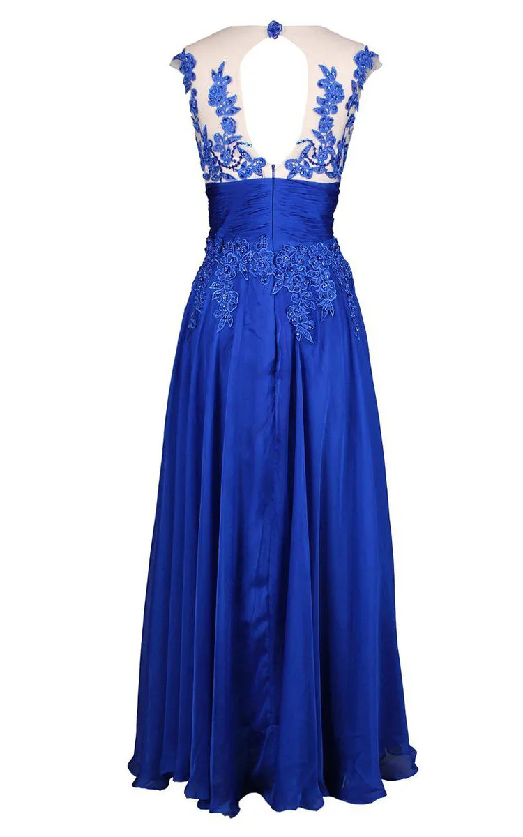 Cap-sleeved A-line Gown With Appliques and Keyhole-310612