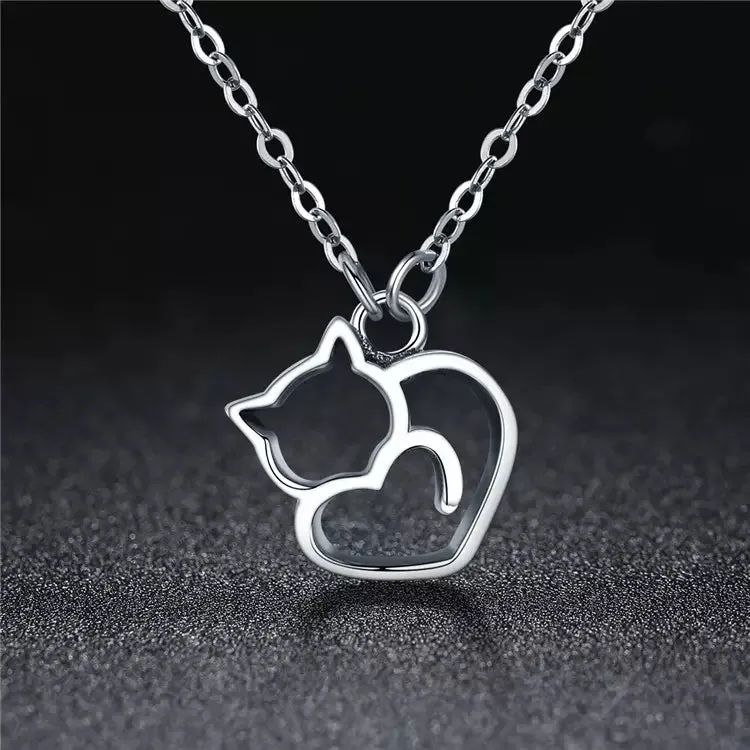 Cat Heart Necklace in Solid 925 Sterling Silver - Platinum or Gold Plated (Available in 3 Finishes)