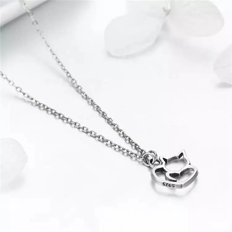 Cat Heart Necklace in Solid 925 Sterling Silver - Platinum or Gold Plated (Available in 3 Finishes)