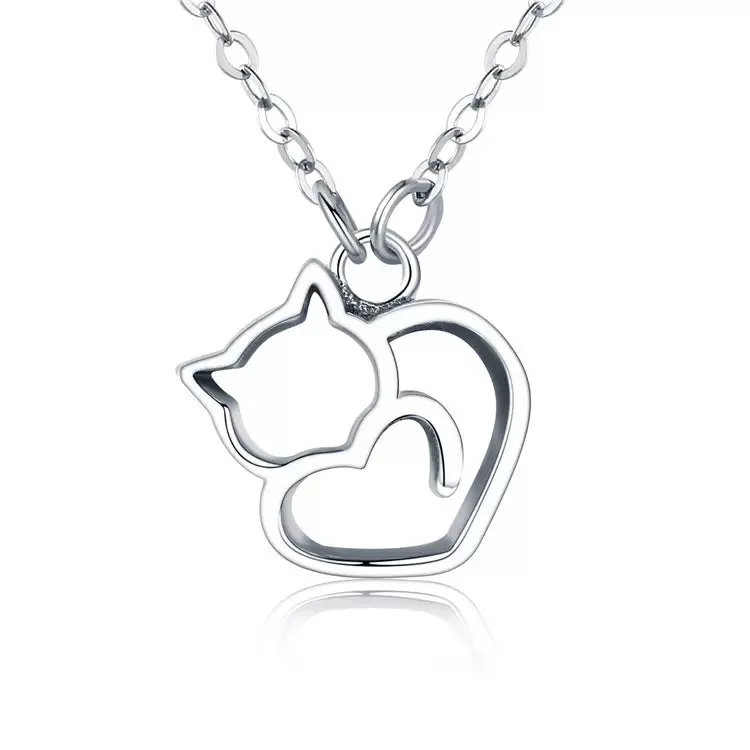 Cat Heart Necklace in Solid 925 Sterling Silver - Platinum or Gold Plated (Available in 3 Finishes)