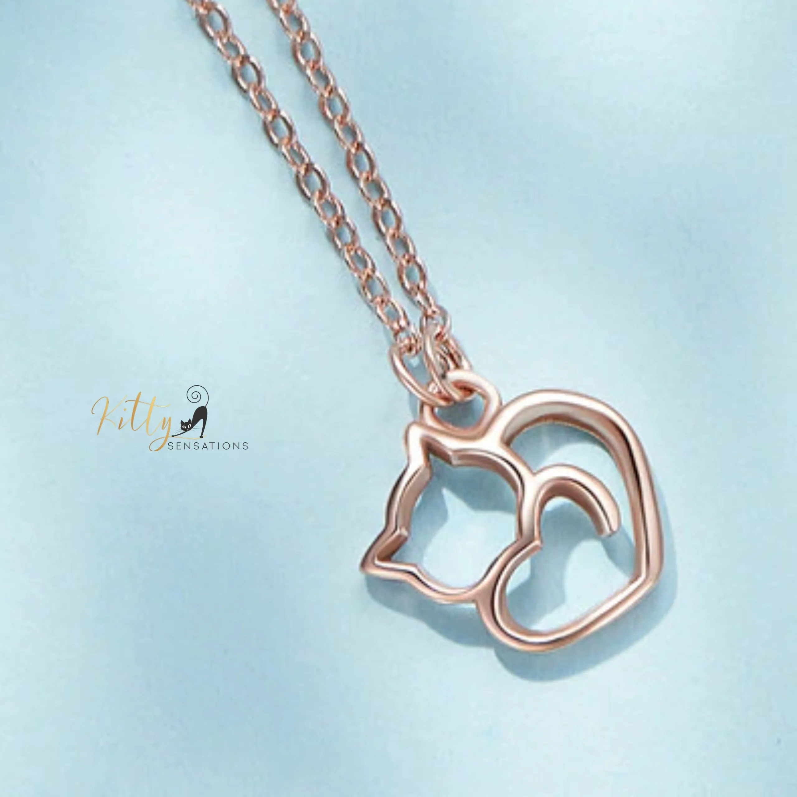 Cat Heart Necklace in Solid 925 Sterling Silver - Platinum or Gold Plated (Available in 3 Finishes)