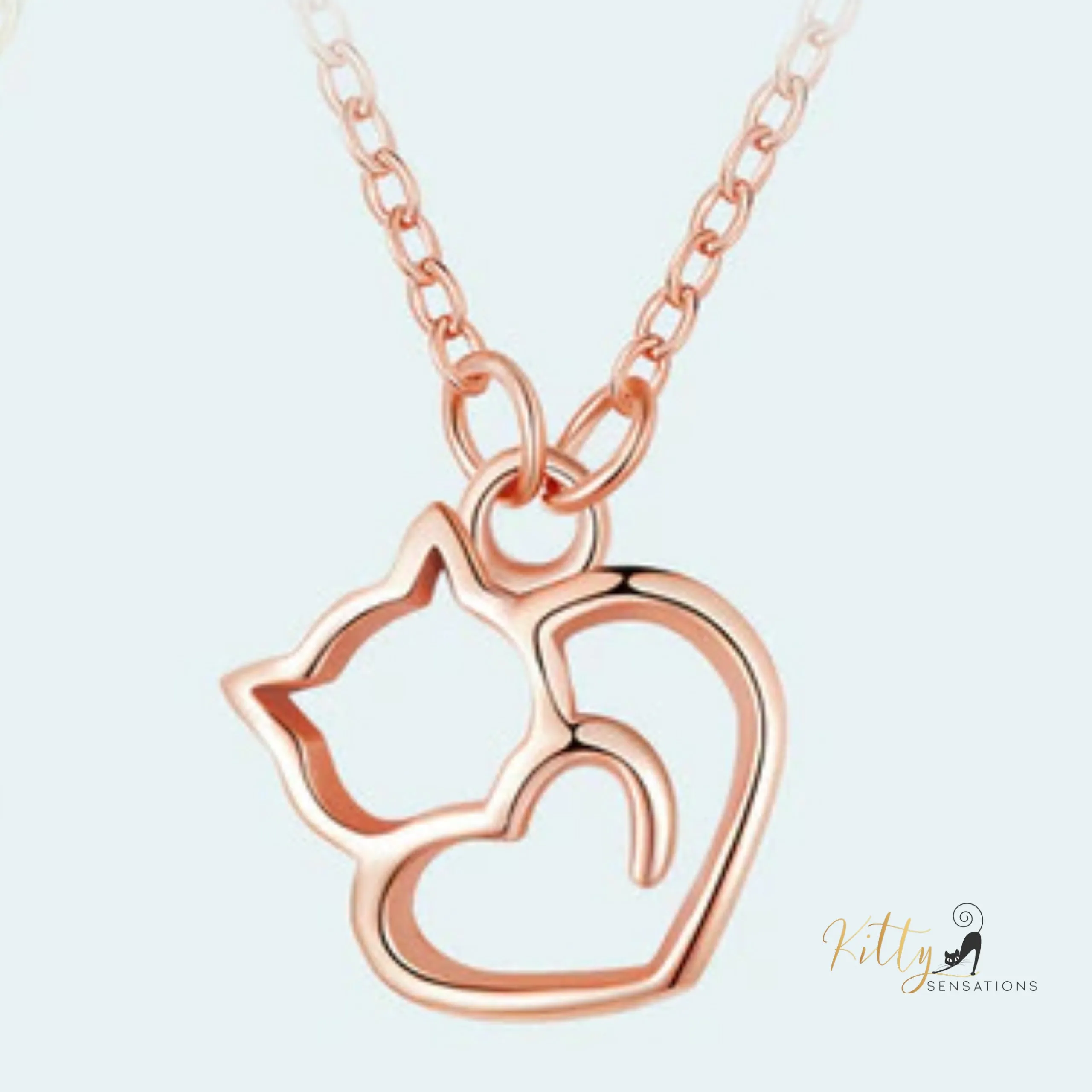 Cat Heart Necklace in Solid 925 Sterling Silver - Platinum or Gold Plated (Available in 3 Finishes)