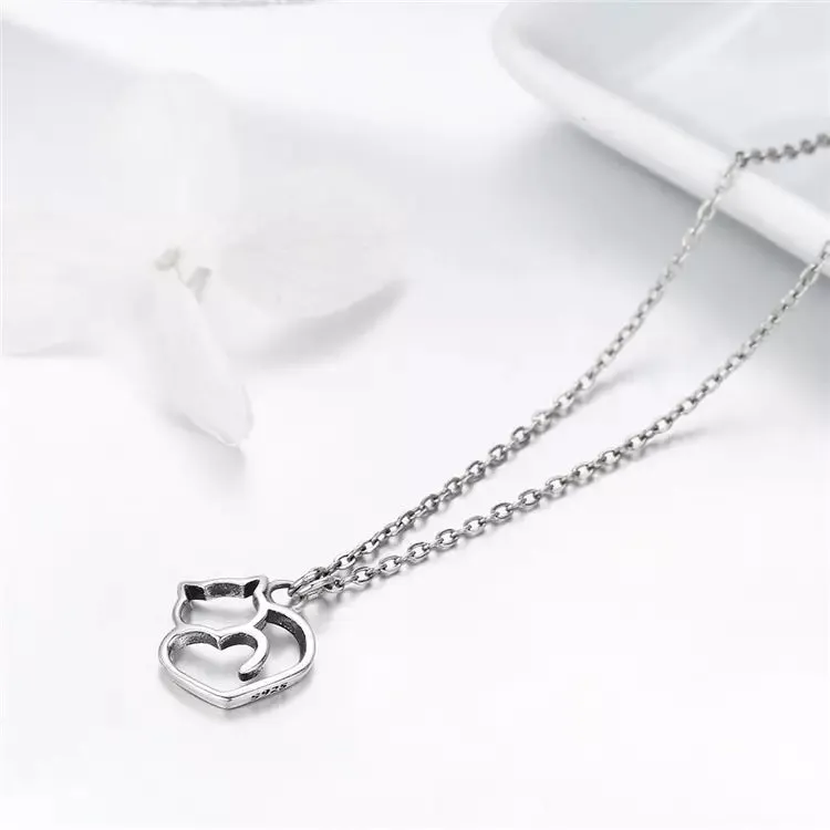 Cat Heart Necklace in Solid 925 Sterling Silver - Platinum or Gold Plated (Available in 3 Finishes)