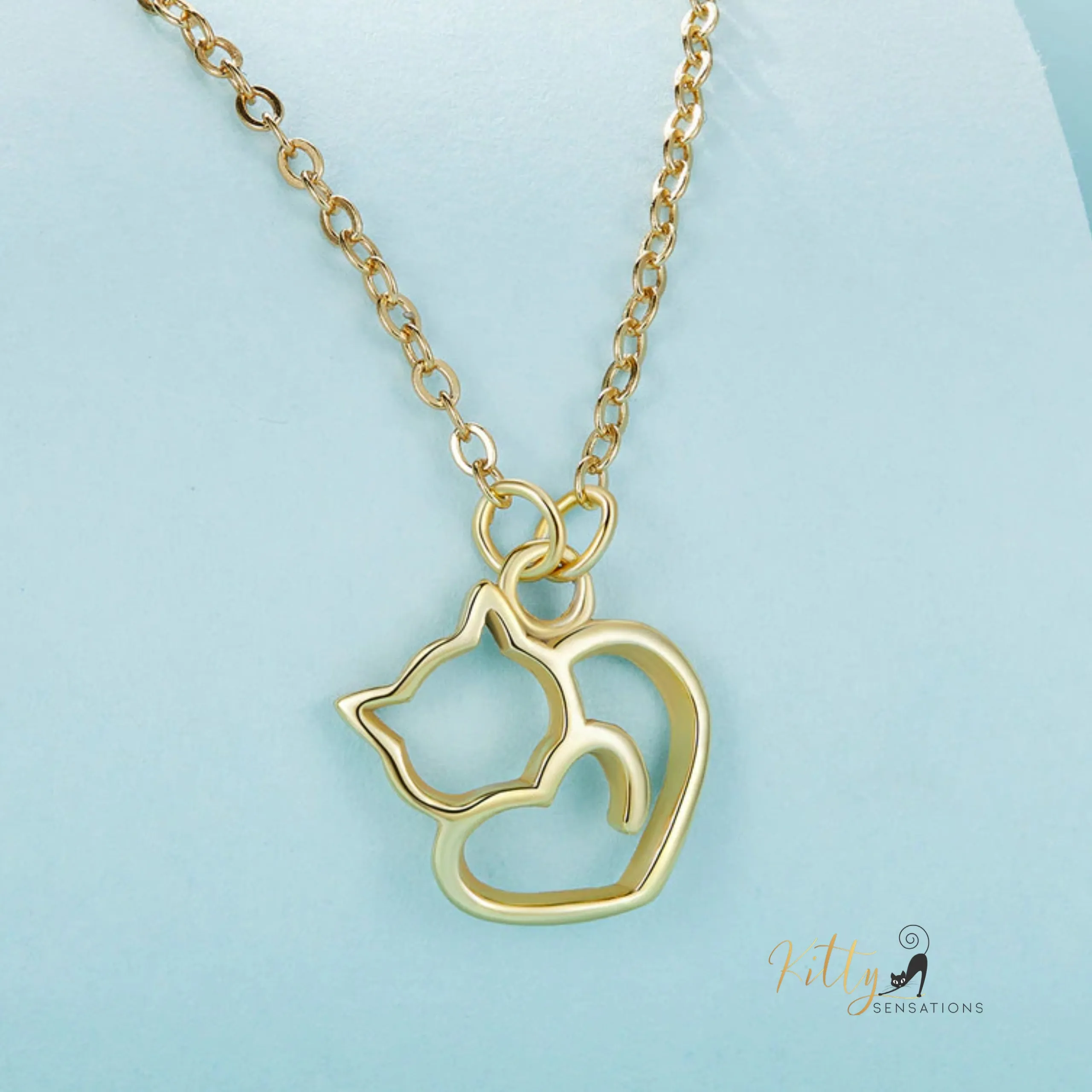 Cat Heart Necklace in Solid 925 Sterling Silver - Platinum or Gold Plated (Available in 3 Finishes)