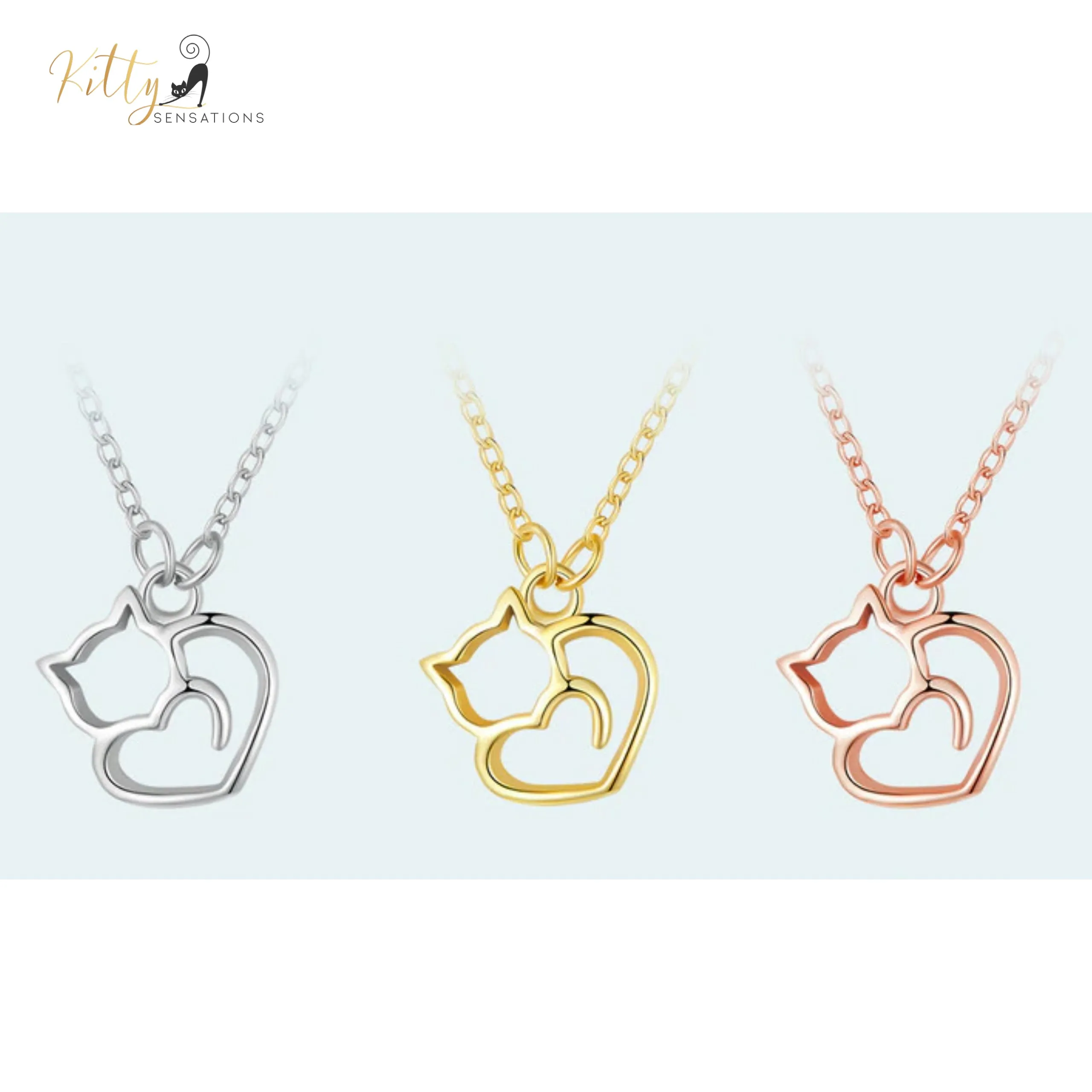 Cat Heart Necklace in Solid 925 Sterling Silver - Platinum or Gold Plated (Available in 3 Finishes)