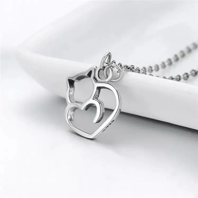 Cat Heart Necklace in Solid 925 Sterling Silver - Platinum or Gold Plated (Available in 3 Finishes)