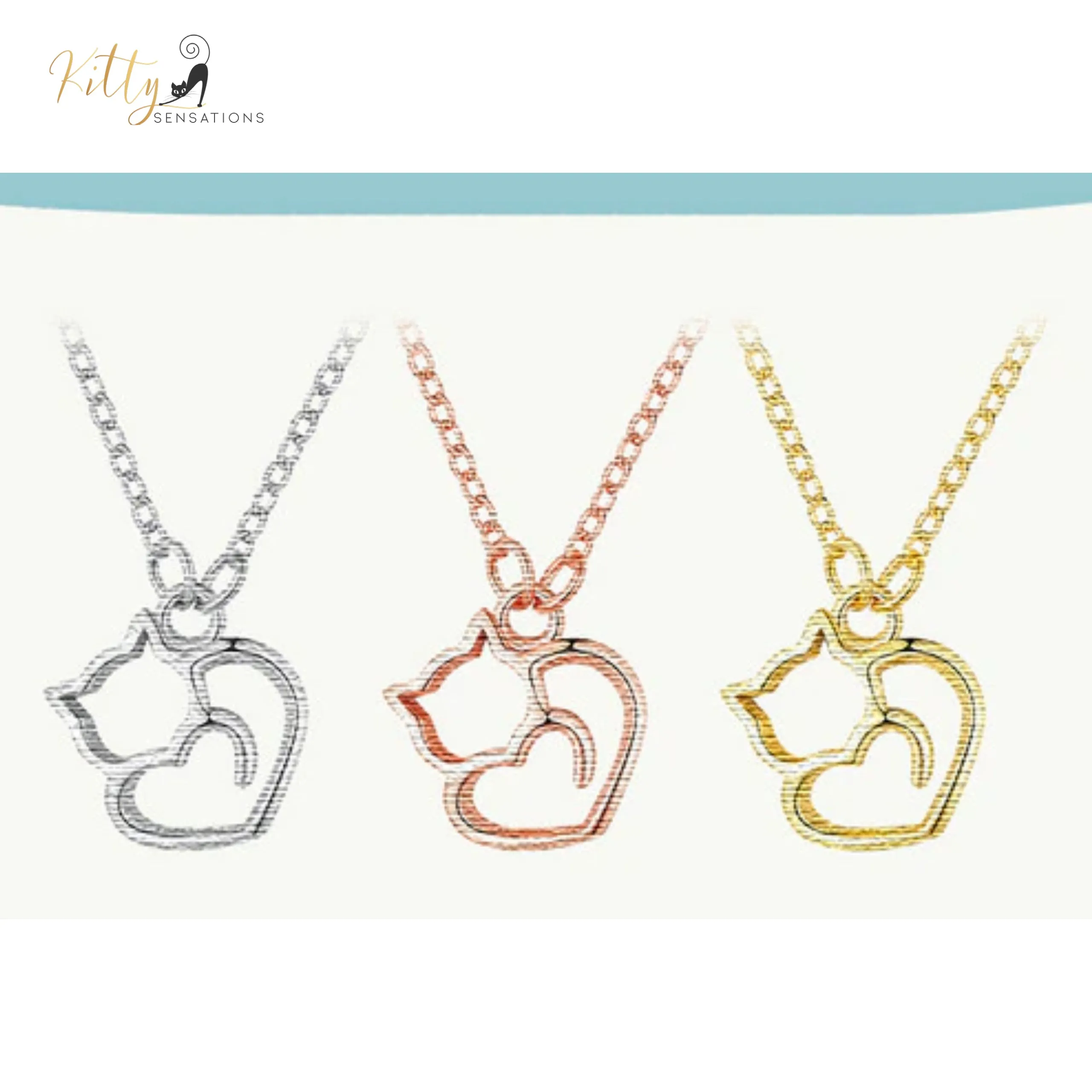 Cat Heart Necklace in Solid 925 Sterling Silver - Platinum or Gold Plated (Available in 3 Finishes)