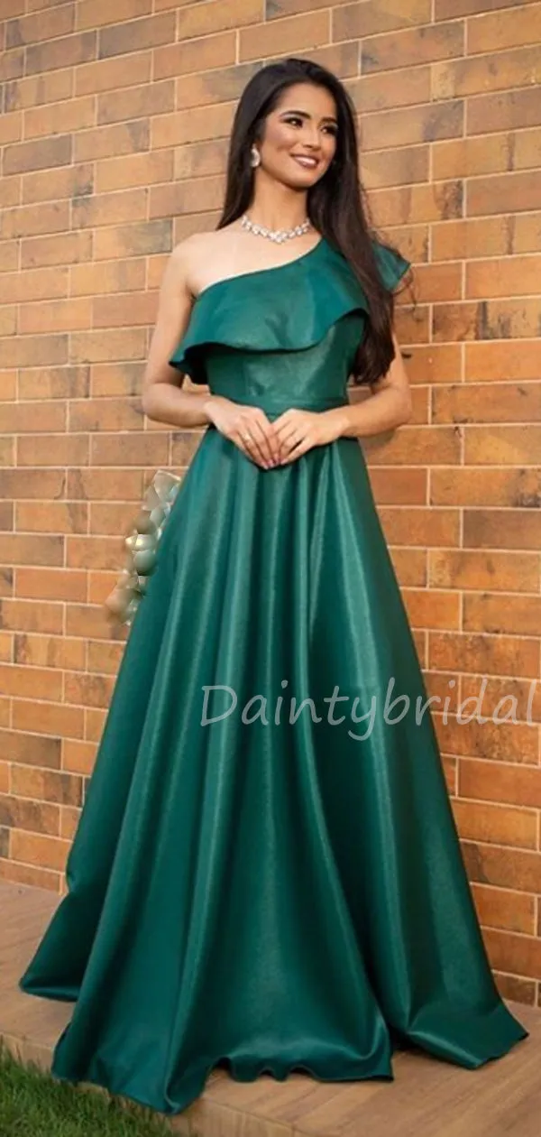 Charming One-shoulder A-line Satin Long Prom Dresses Evening Dresses.DB10437