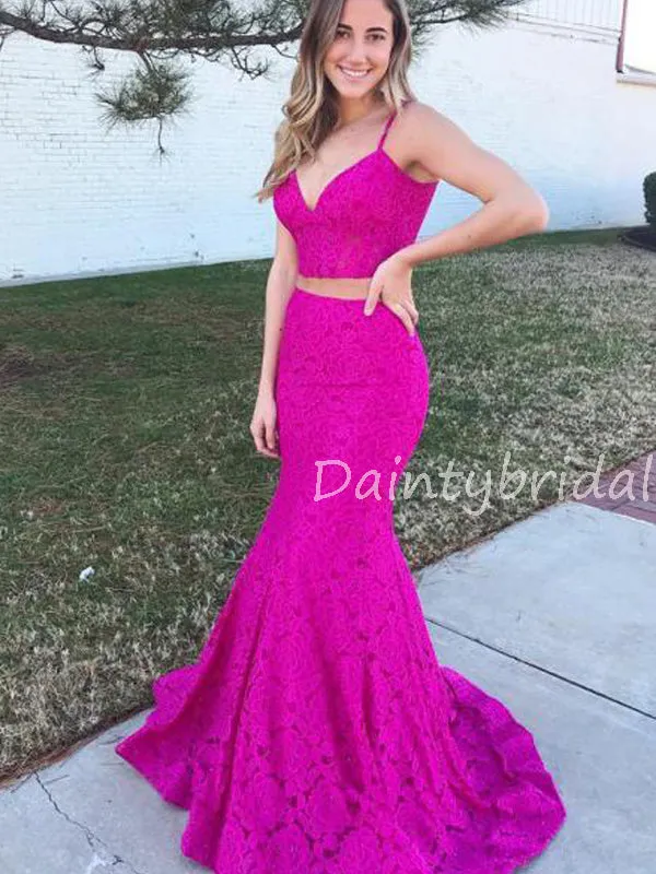 Charming V-neck Lace Two-piece Mermaid Long Prom Dresses Evening Dresses.DB10554