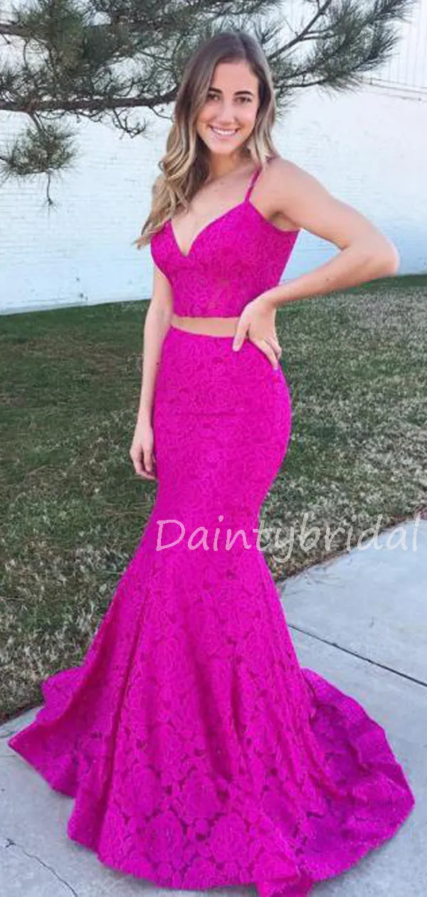 Charming V-neck Lace Two-piece Mermaid Long Prom Dresses Evening Dresses.DB10554