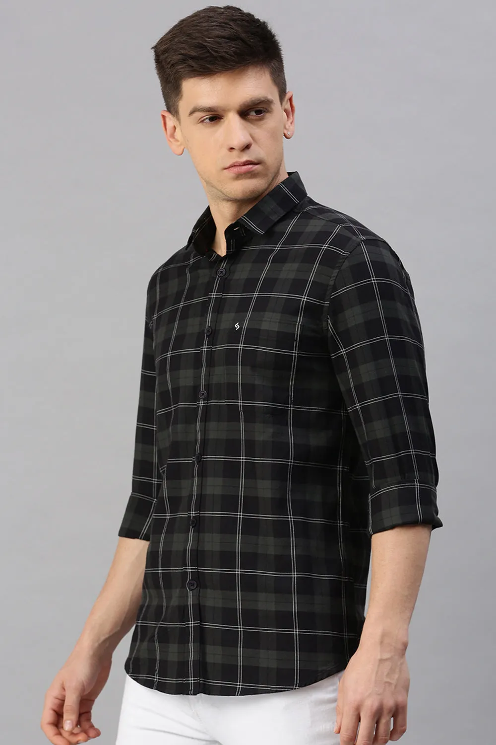 Classic Polo Men's Cotton Full Sleeve Checked Slim Fit Polo Neck Black Color Woven Shirt | So1-06 B