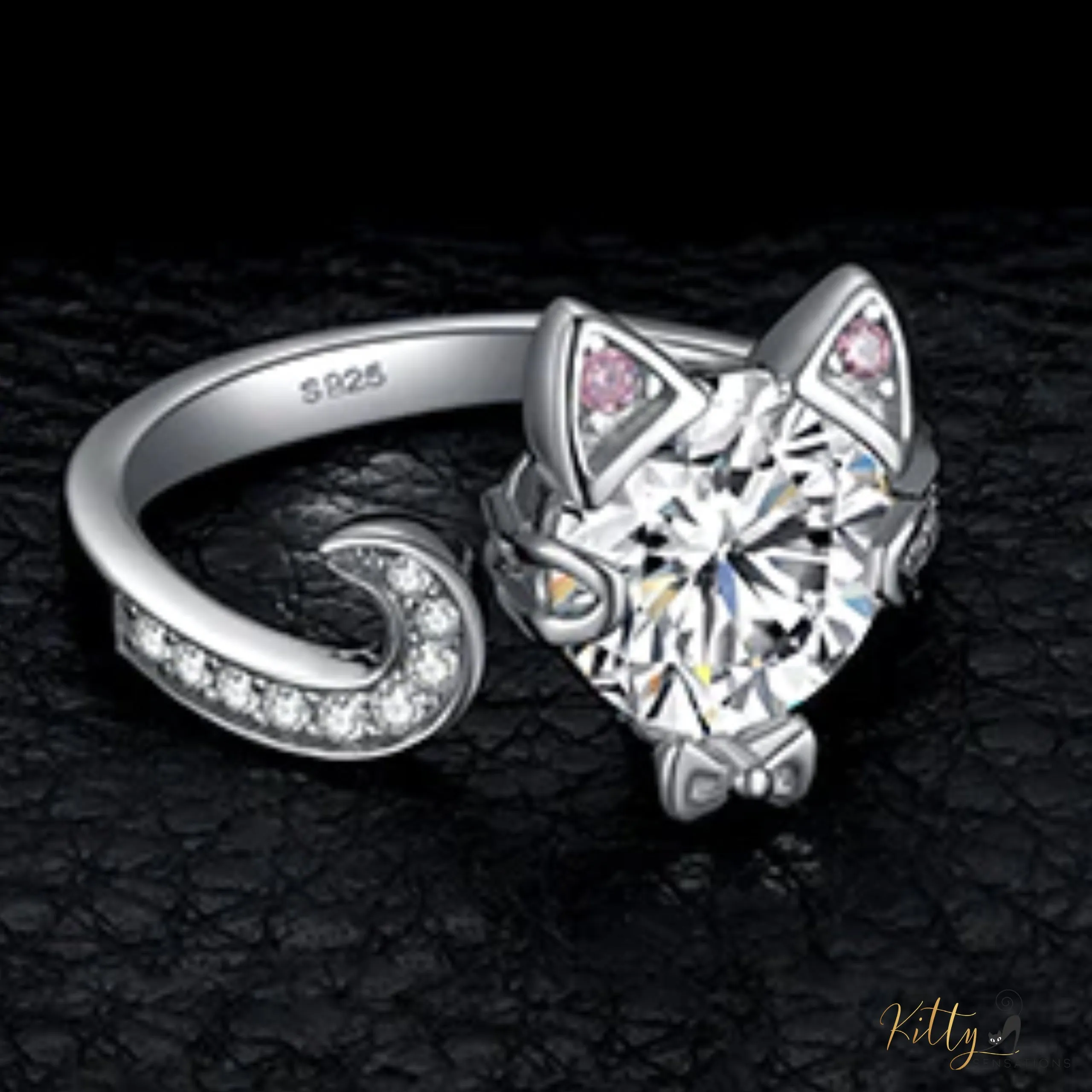 Classy Sparkling CZ Kitty Ring (Fine Jewelry) in Solid 925 Sterling Silver - Adjustable Size