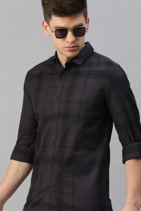 CP BRO Men's Cotton Full Sleeve Checked Slim Fit Polo Neck Brown Color Woven Shirt | Sbo1-44 A