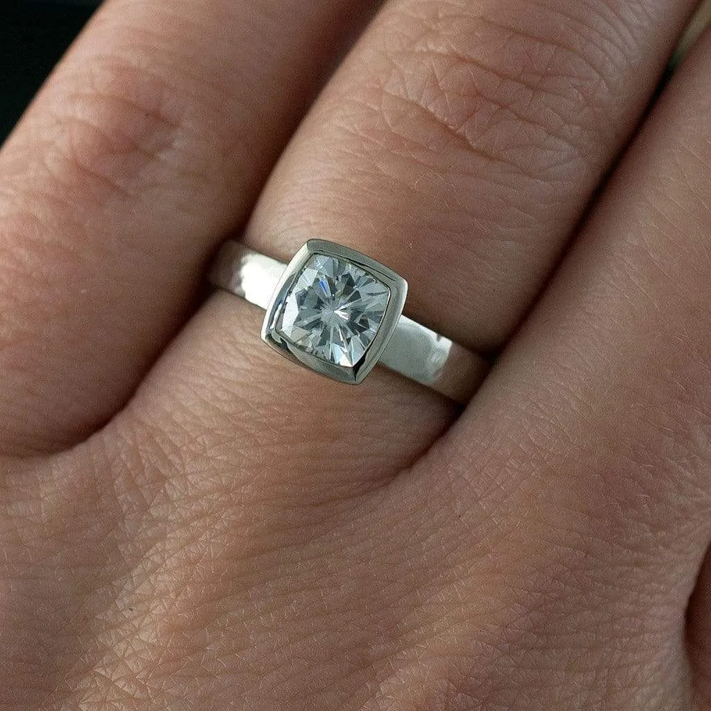 Cushion Moissanite Bezel Set Solitaire Engagement Ring