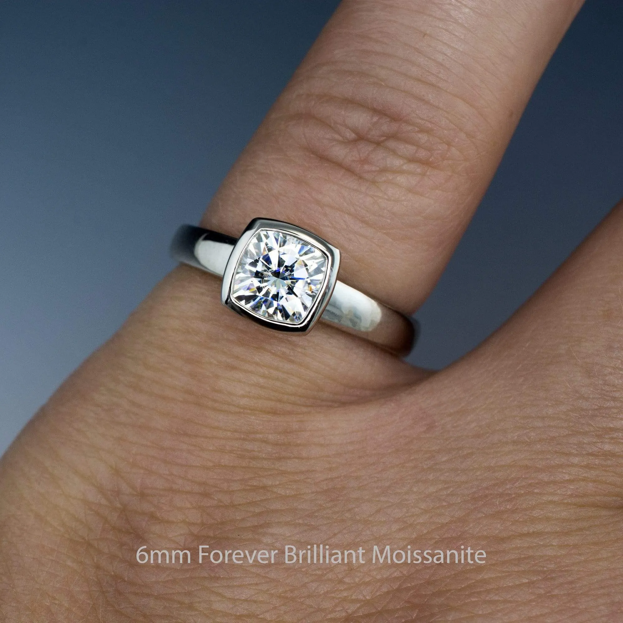 Cushion Moissanite Bezel Set Solitaire Engagement Ring