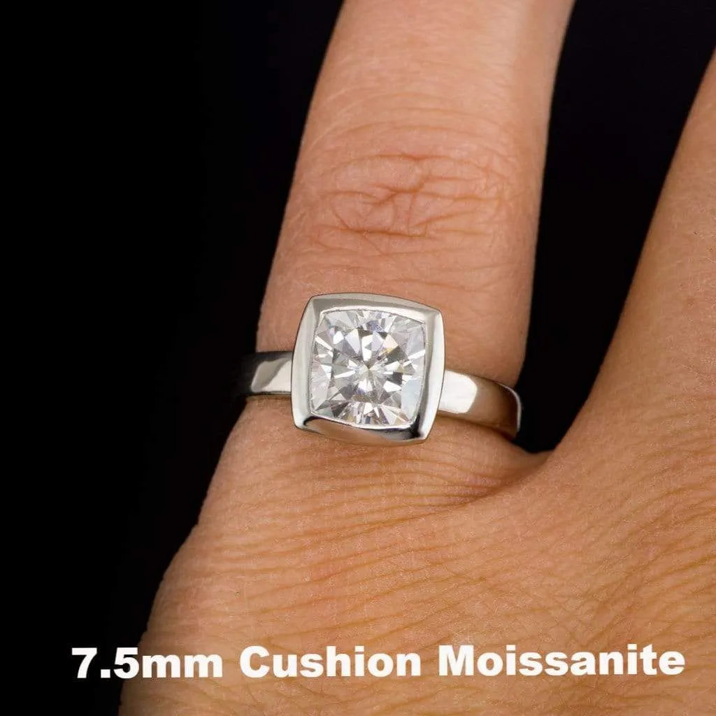 Cushion Moissanite Bezel Set Solitaire Engagement Ring