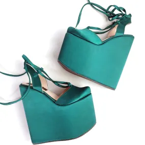 Dark Mint Green Satin Wedge Ballerina  Lace Up Sandals