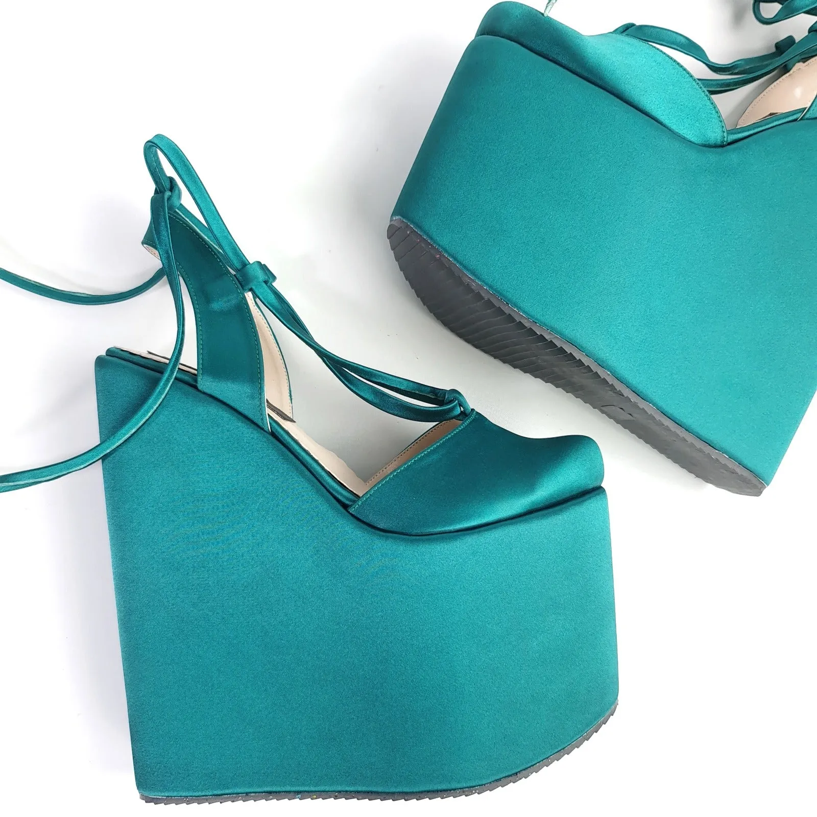 Dark Mint Green Satin Wedge Ballerina  Lace Up Sandals