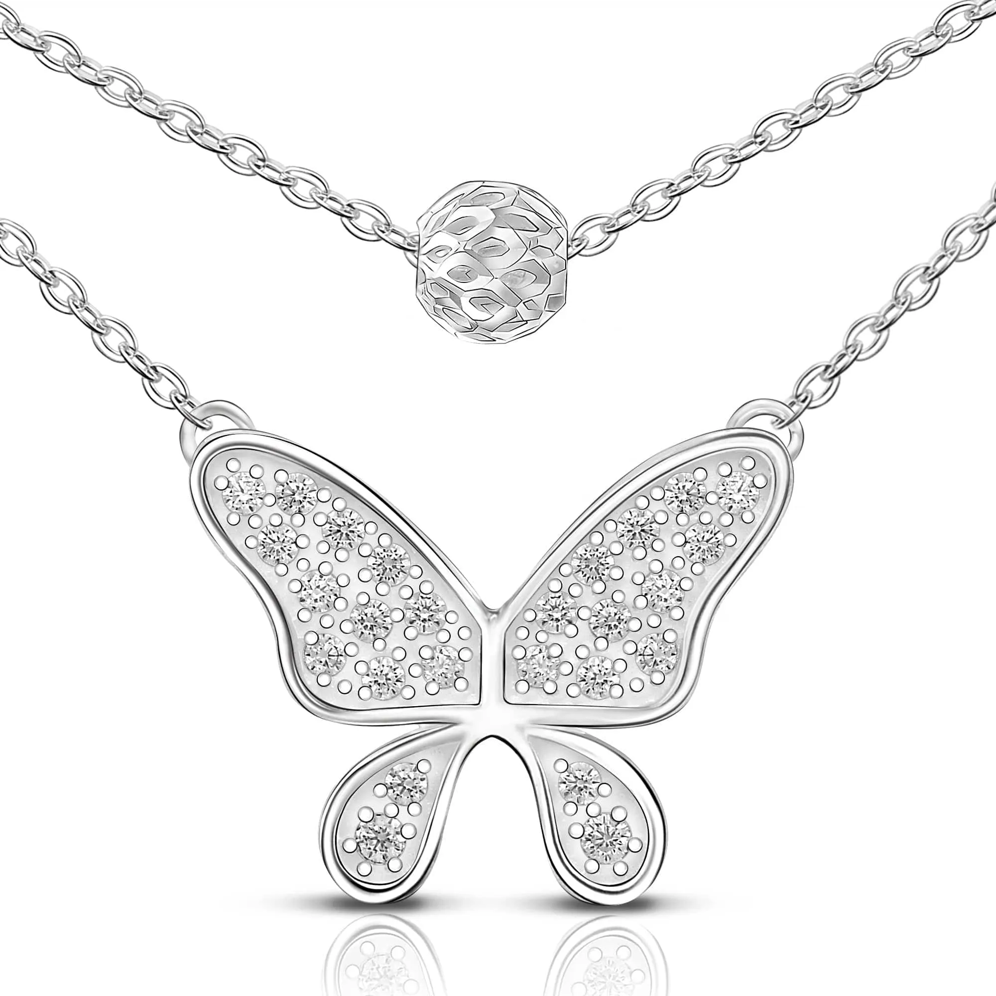 Dazzling CZ Layered Butterfly Silver Necklace