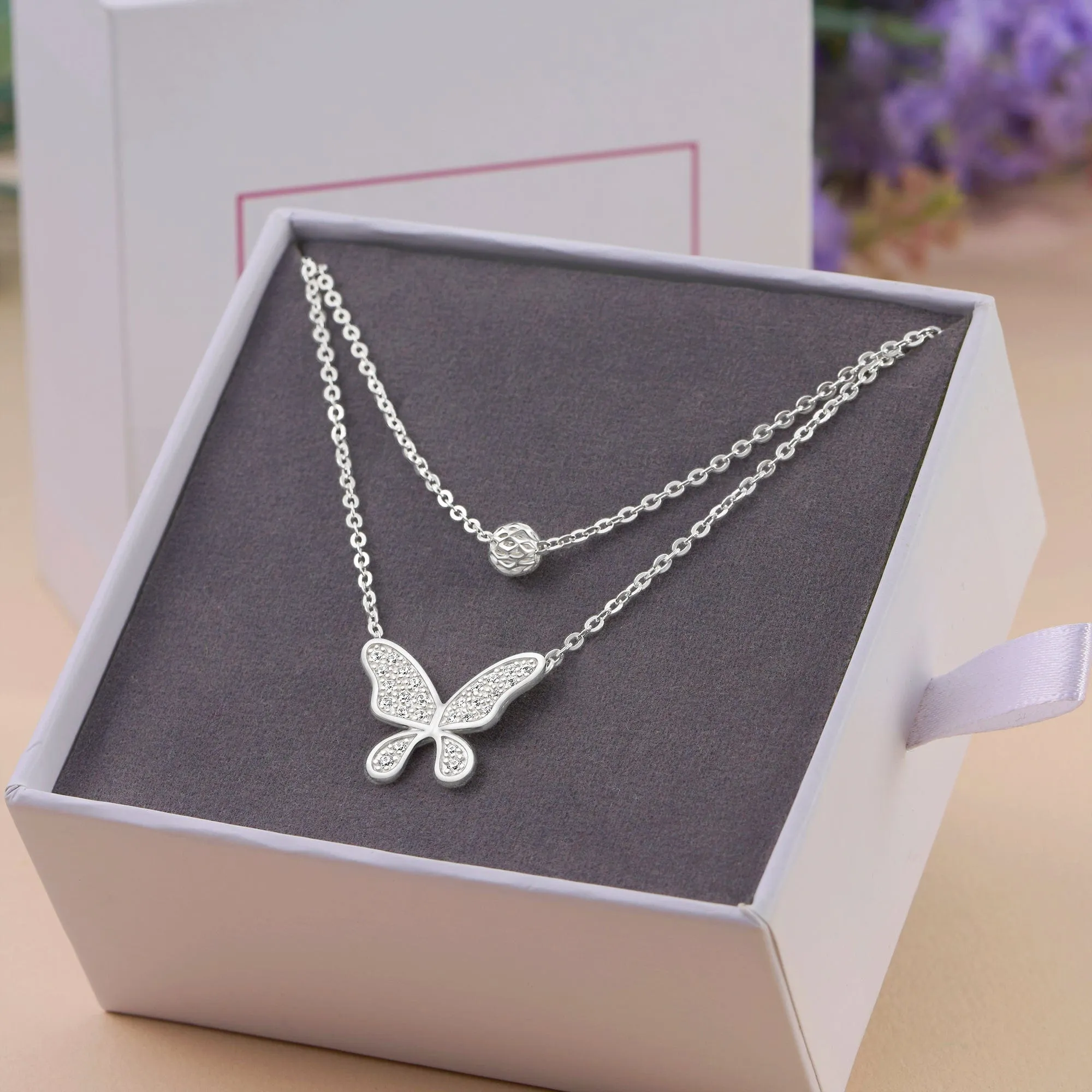 Dazzling CZ Layered Butterfly Silver Necklace