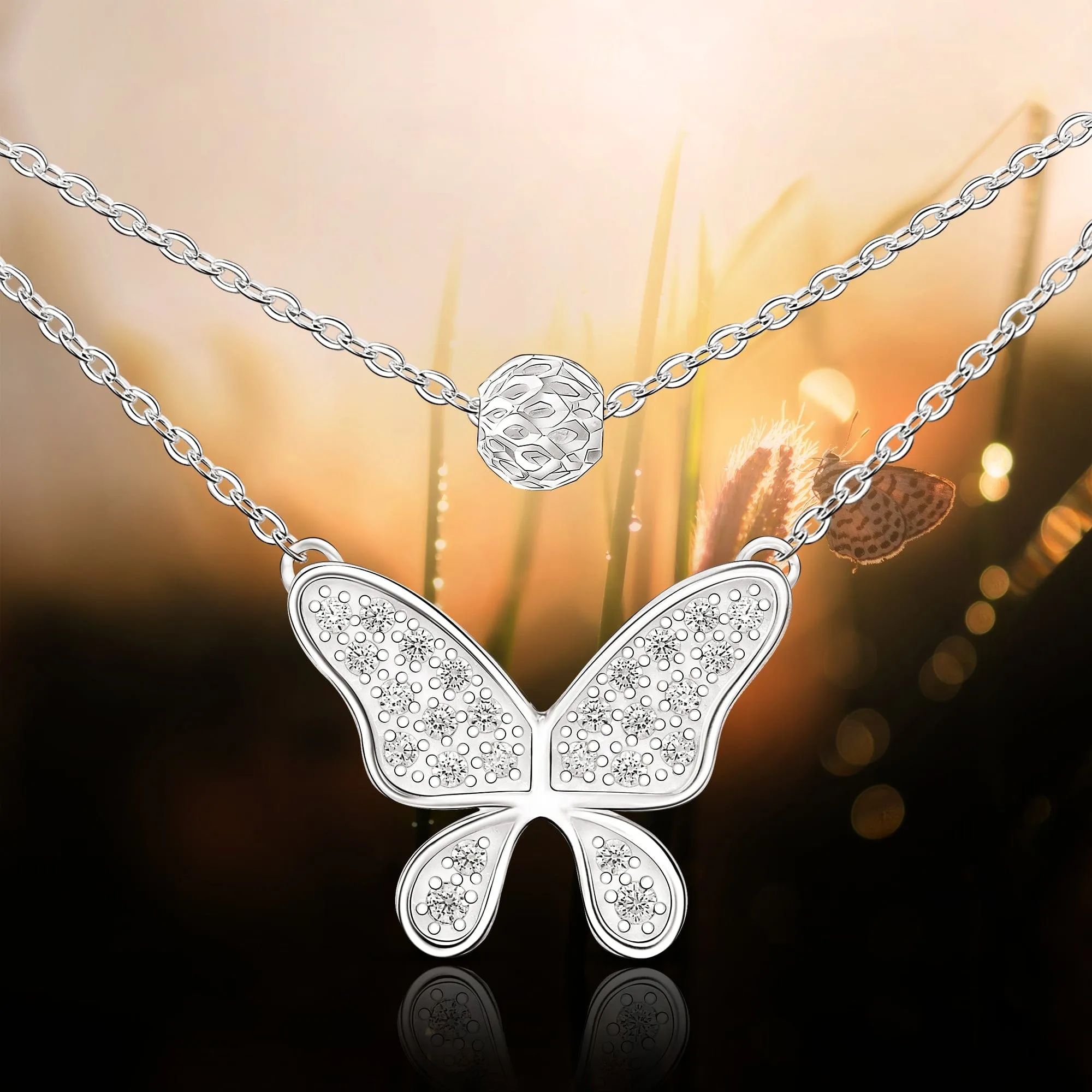 Dazzling CZ Layered Butterfly Silver Necklace