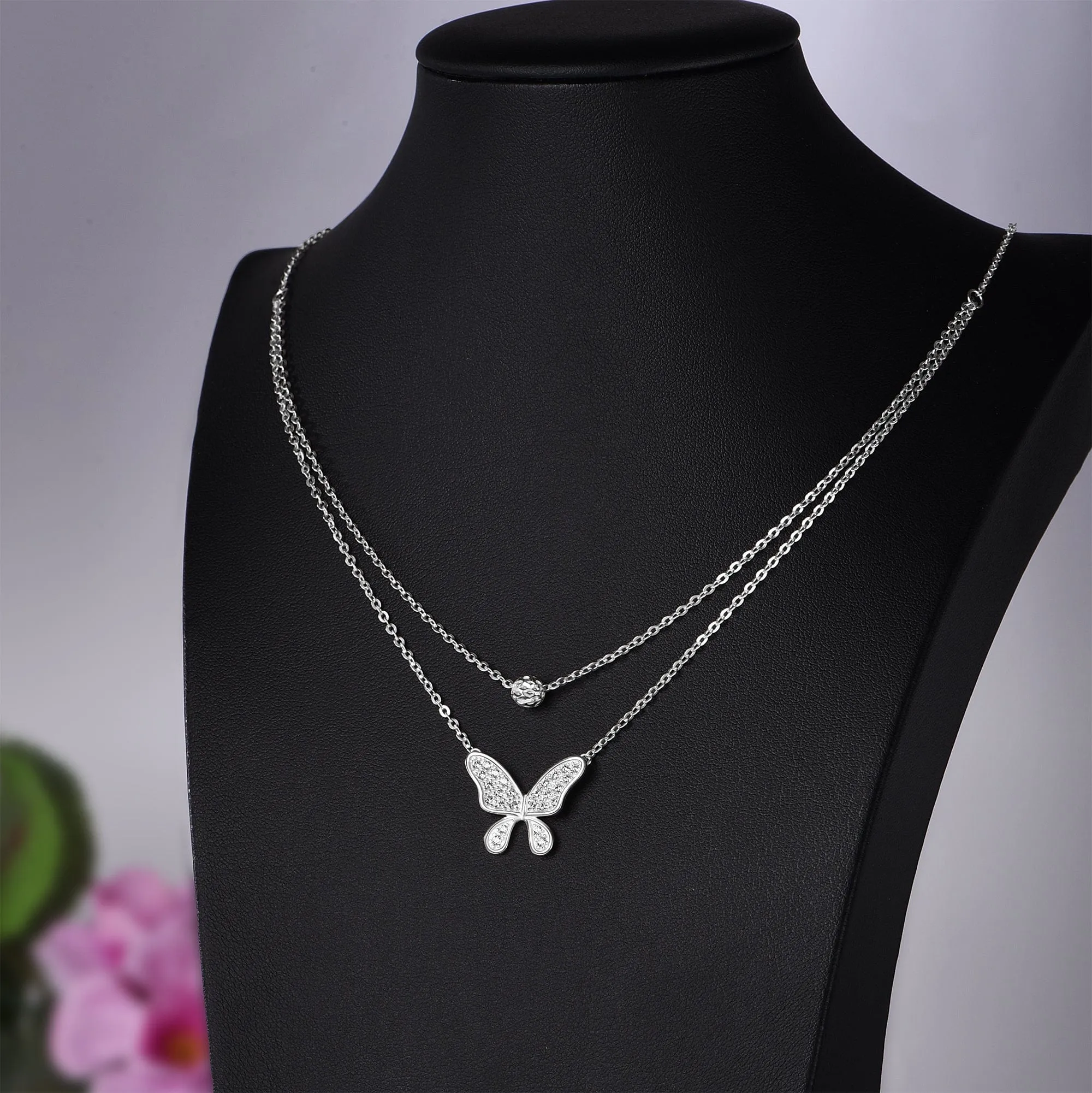 Dazzling CZ Layered Butterfly Silver Necklace