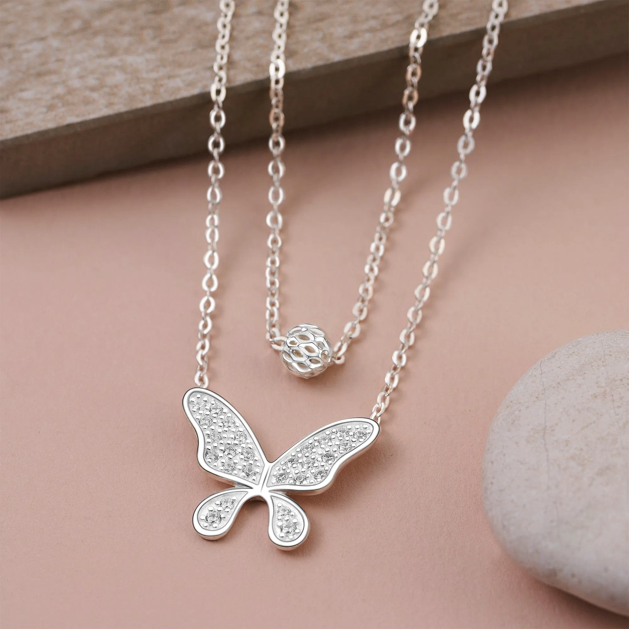 Dazzling CZ Layered Butterfly Silver Necklace