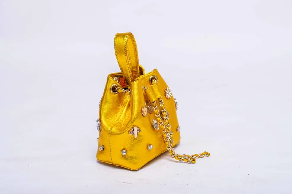 DOT Embellished Yellow Leather Bucket Bag