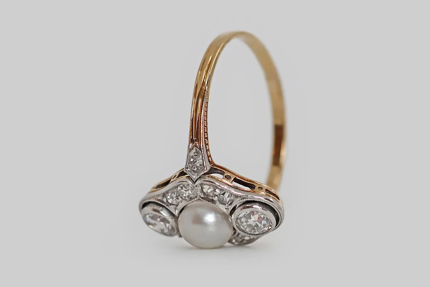 Edwardian Diamond & Pearl Three Stone Ring