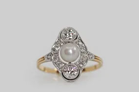 Edwardian Diamond & Pearl Three Stone Ring