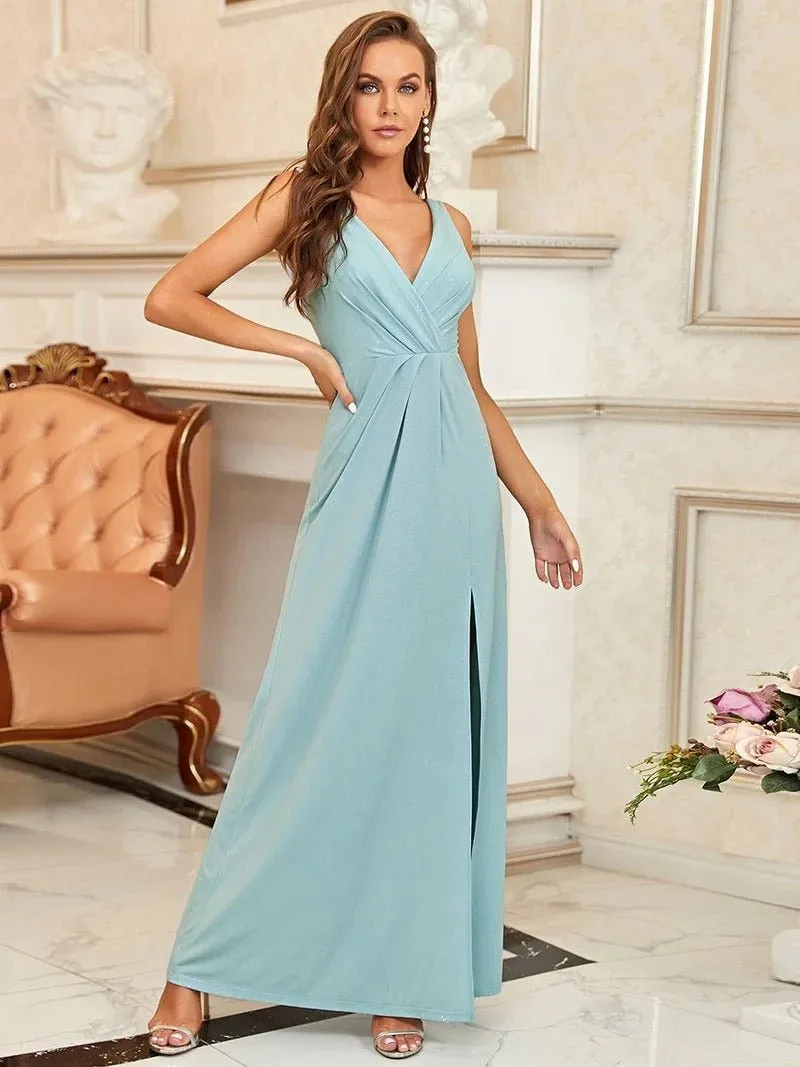 Floor Length V Neck Shimmery Evening Dresses With Side Split