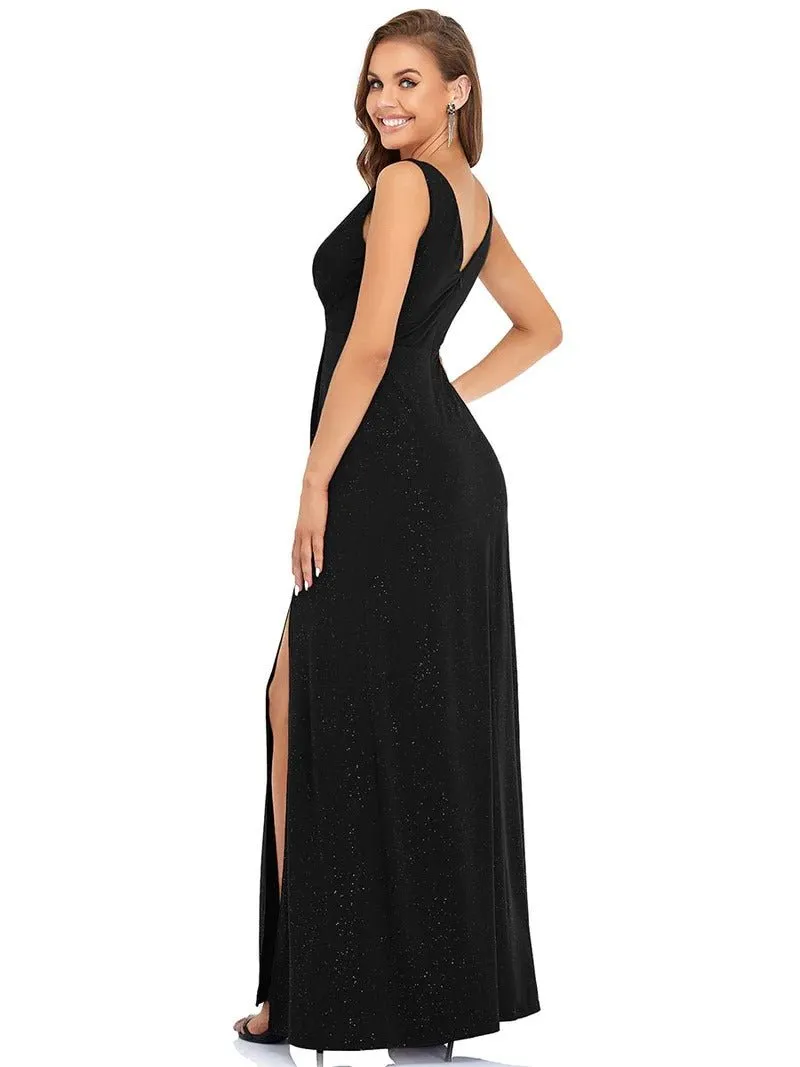 Floor Length V Neck Shimmery Evening Dresses With Side Split