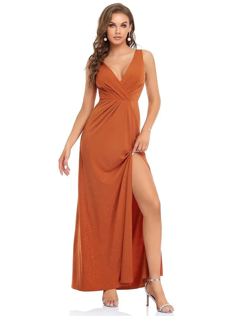 Floor Length V Neck Shimmery Evening Dresses With Side Split