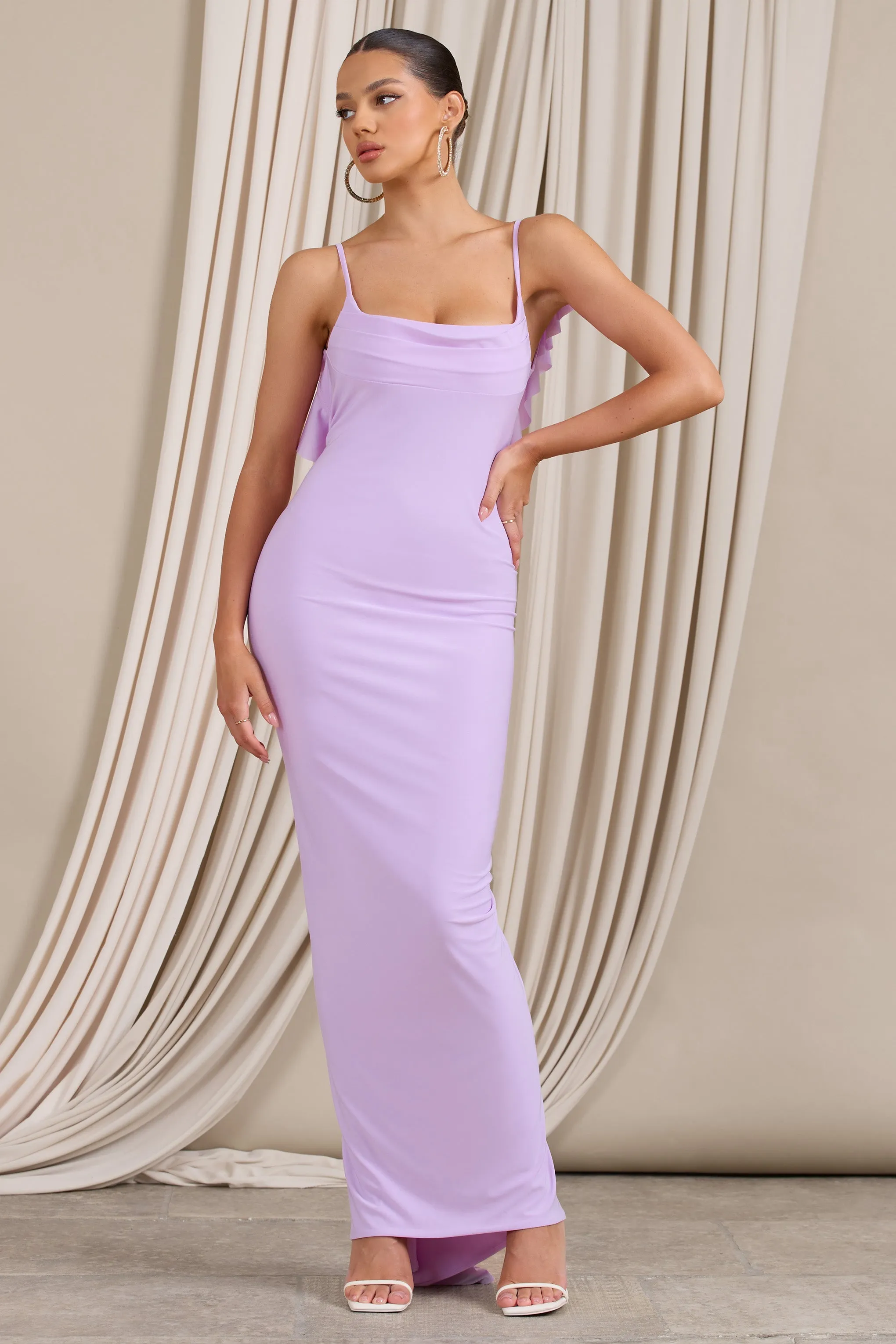 Flute | Lilac Bodycon Maxi Dress With Ruched Ruffled Back